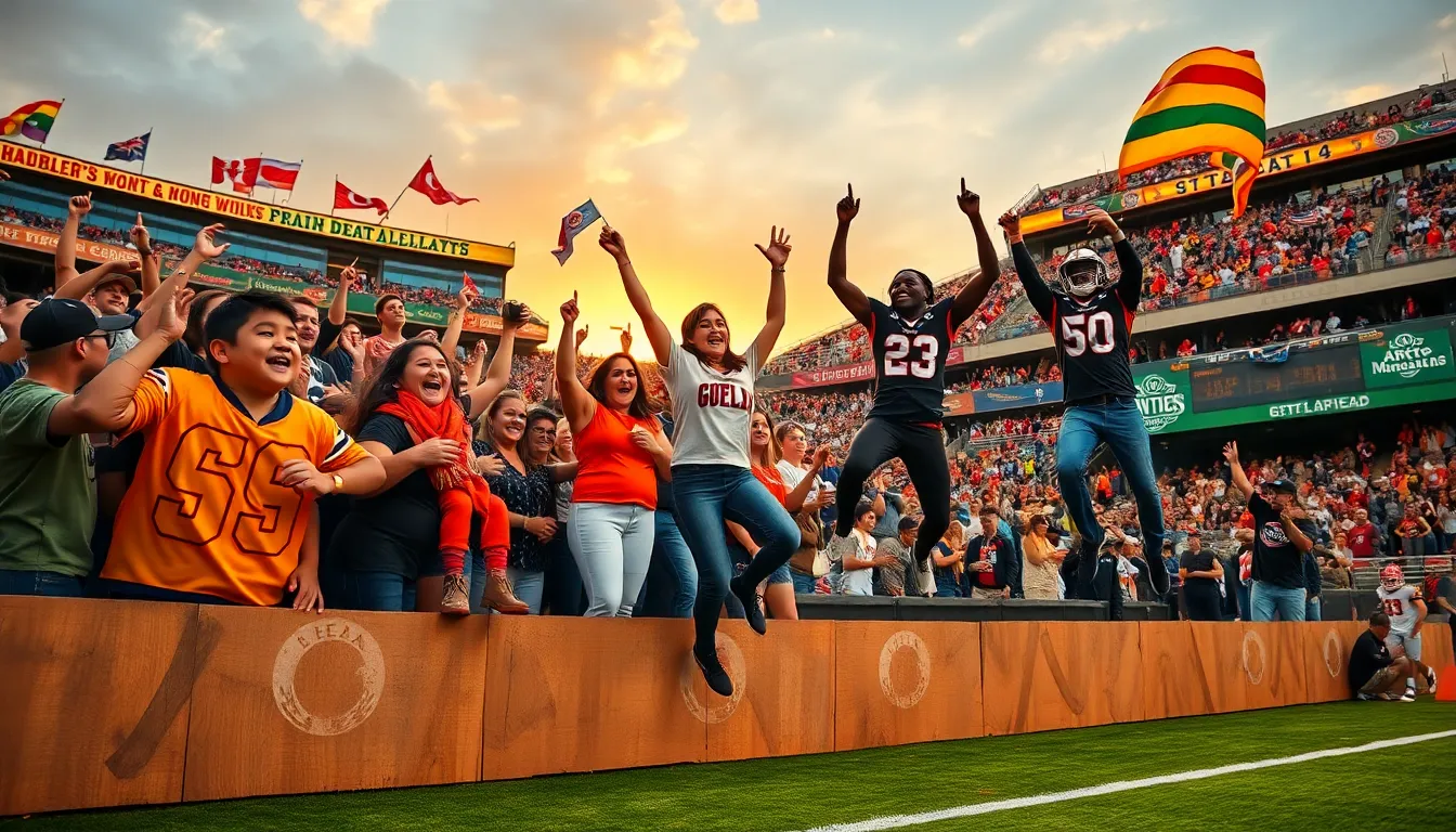 Fans celebrating an unexpected sports victory in a packed stadium.