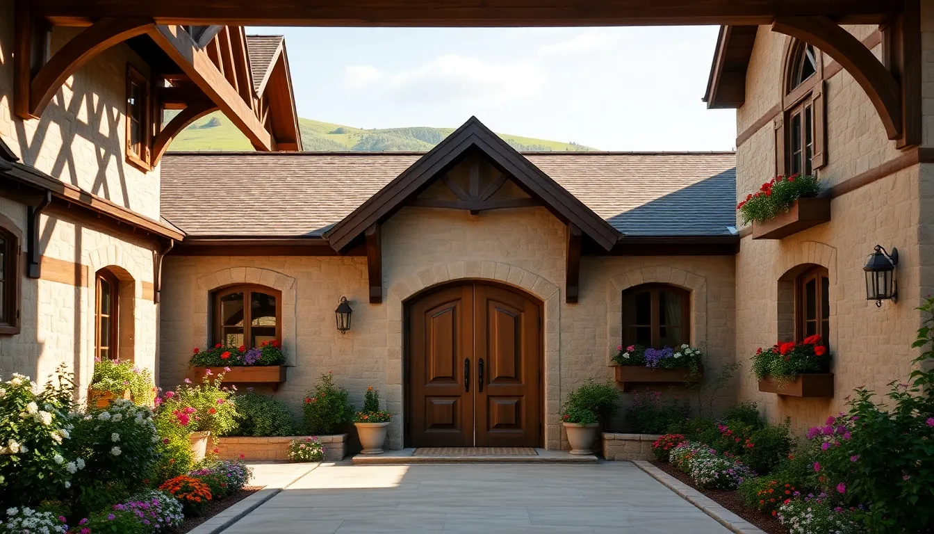 French country-style home in a lush landscape.