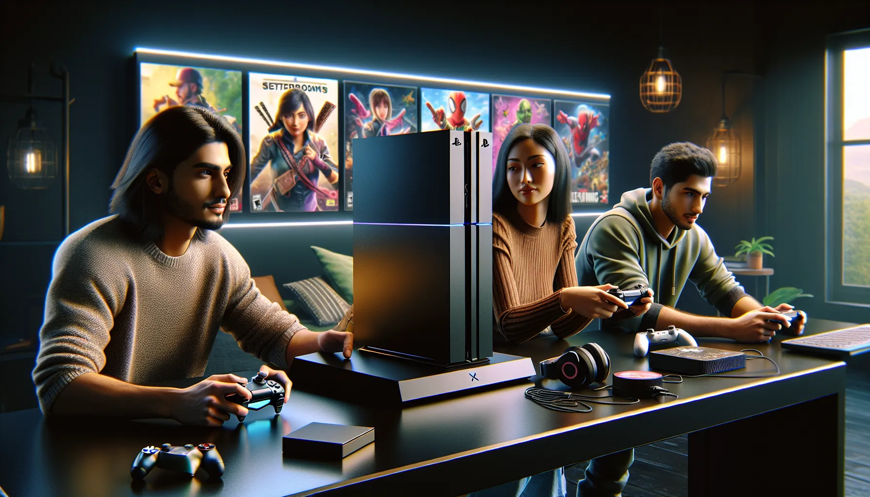 A diverse group enjoying gaming with the LCFGamestick at a modern station.