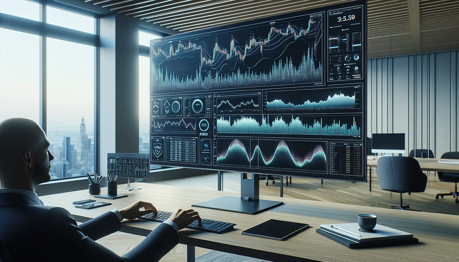 Professional trader using advanced charting tools and technical analysis on multiple monitors in modern office.