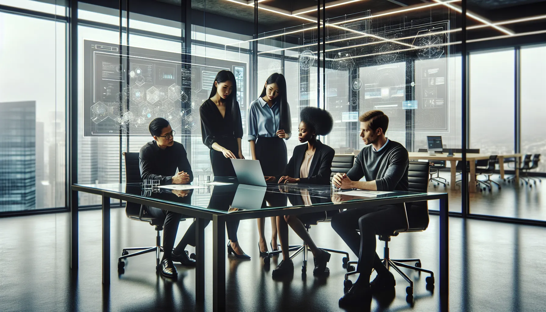 diverse team discussing technology in a modern office.