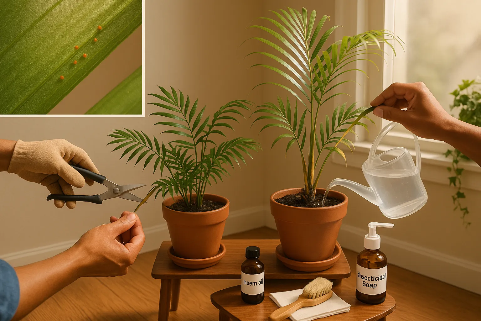 Two indoor palms with yellowing and brown tips, hands trimming and flushing soil.