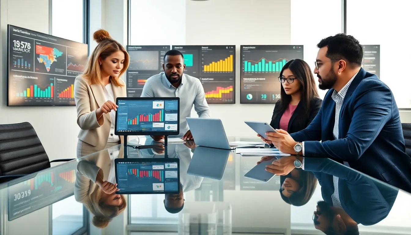 professionals collaborating in a sleek office around digital tools.
