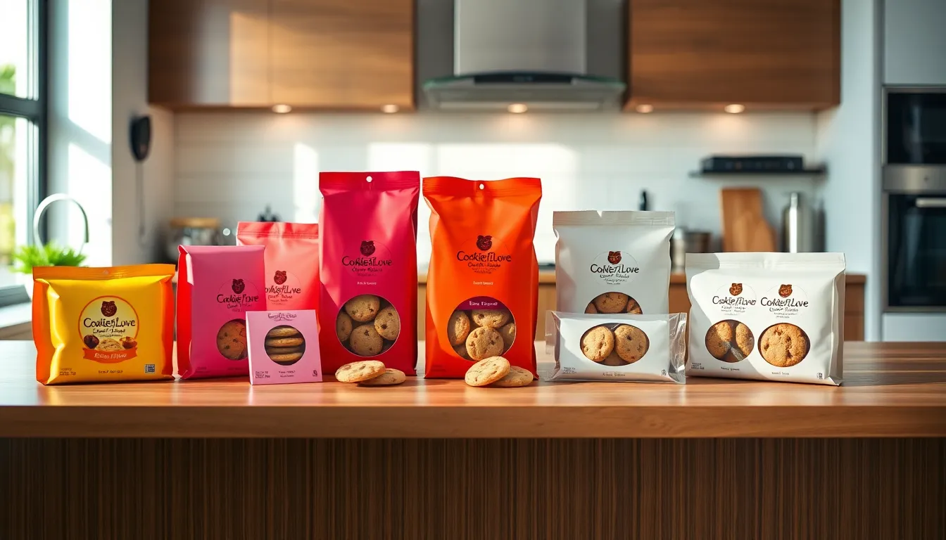 variety of colorful cookie packages on a kitchen counter.