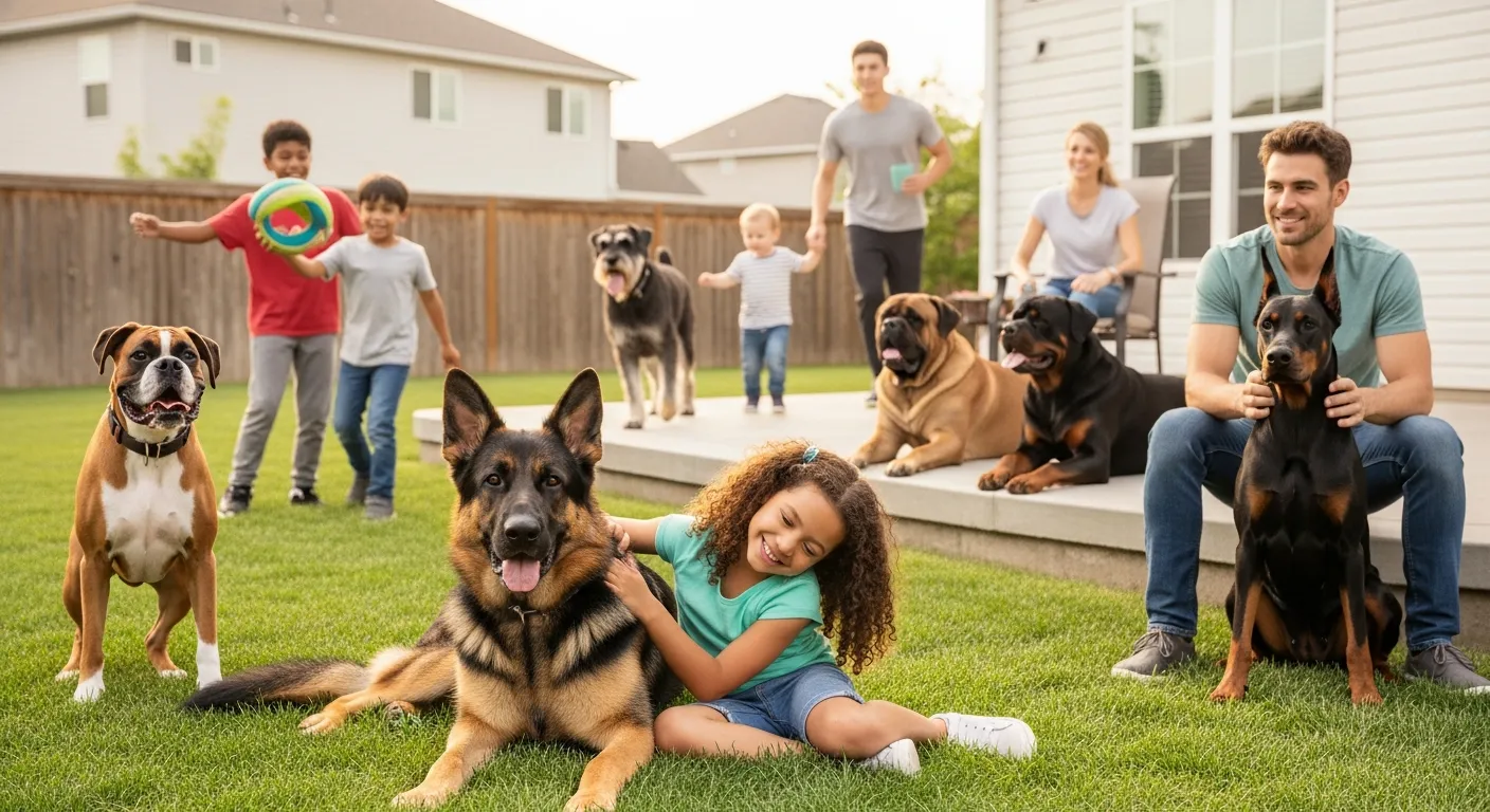 Guard dog breeds calmly playing and cuddling with children in a suburban backyard.