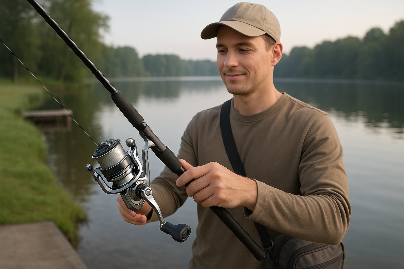 Beginner angler using a spinning reel by a calm lake.