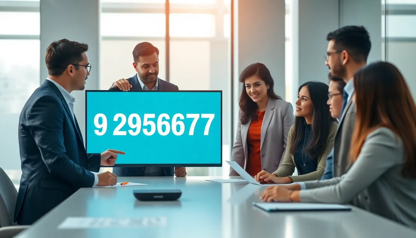 diverse team discussing the significance of the number 9295867876 in a modern office.