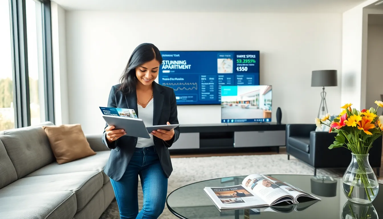 a young woman using a tablet for a virtual property tour in a modern living room.