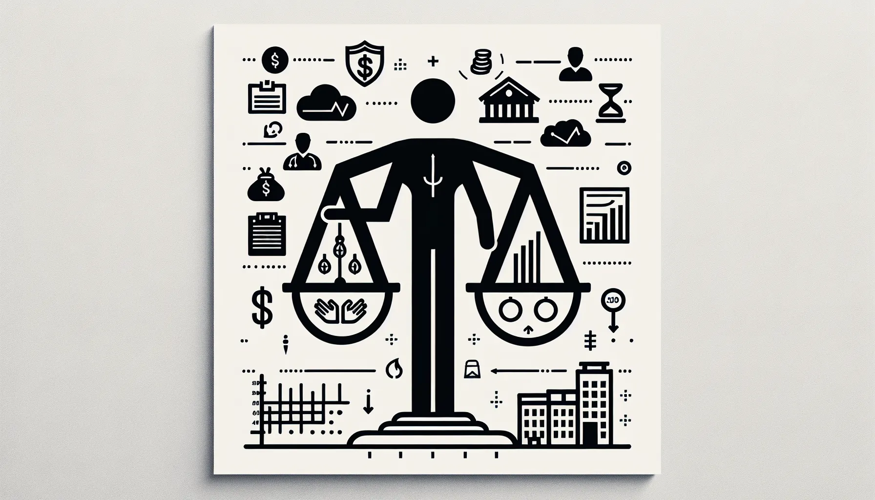 Physician balancing scale with pay icons and liability/burnout symbols.