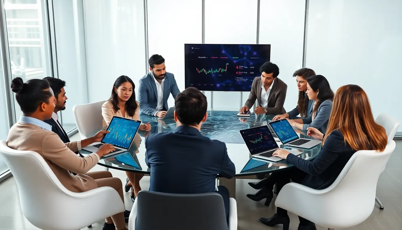 diverse team collaborating on cryptocurrency technology in a modern office.