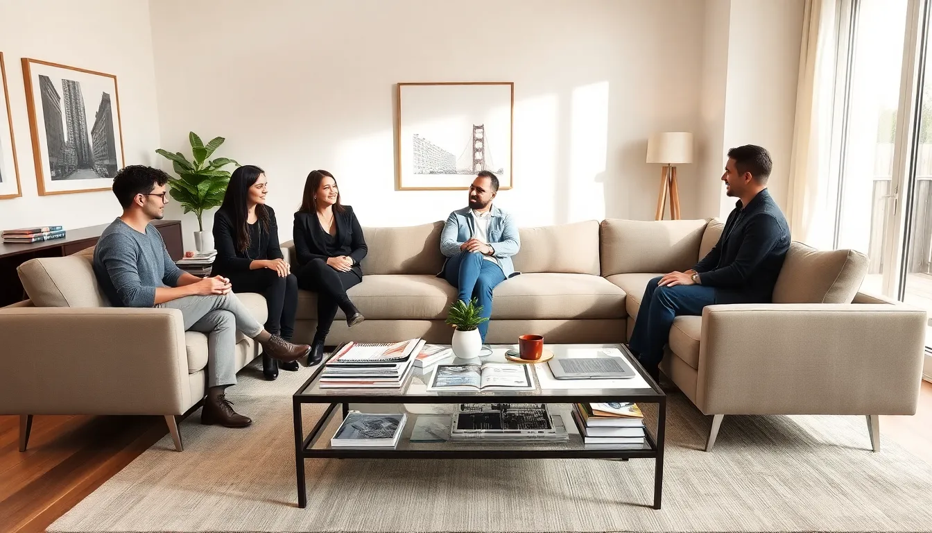 Modern living room with diverse professionals discussing furniture layout.