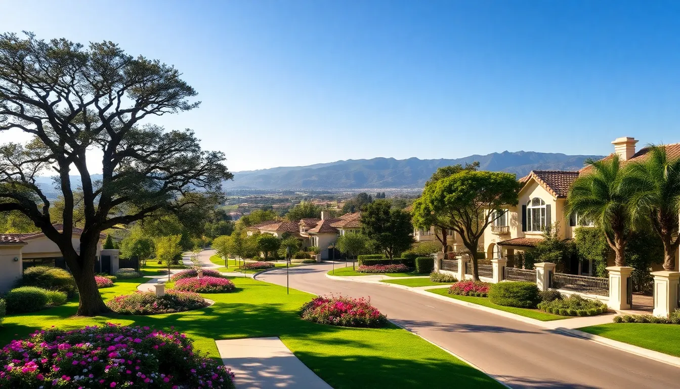 scenic view of Montecito Village with lush gardens and mountain backdrop.