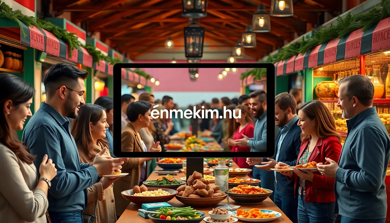 diverse group engaging in a lively Hungarian marketplace.