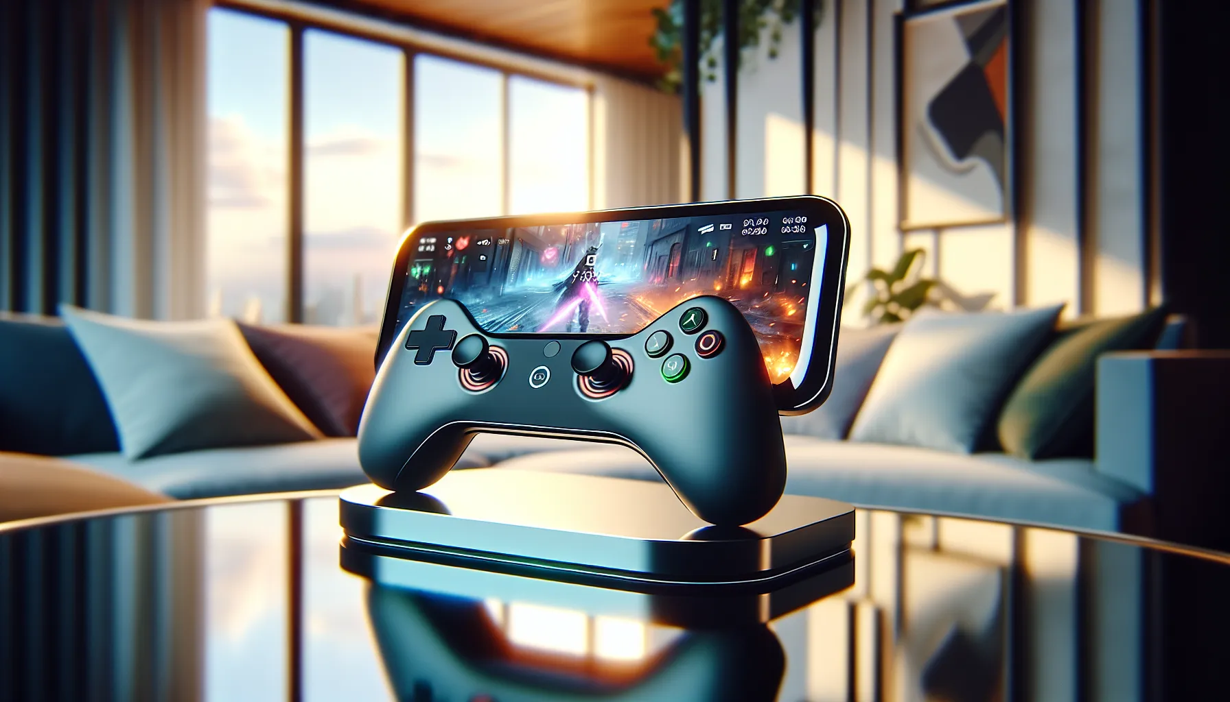 high-tech gaming gadget displayed in a modern living room.