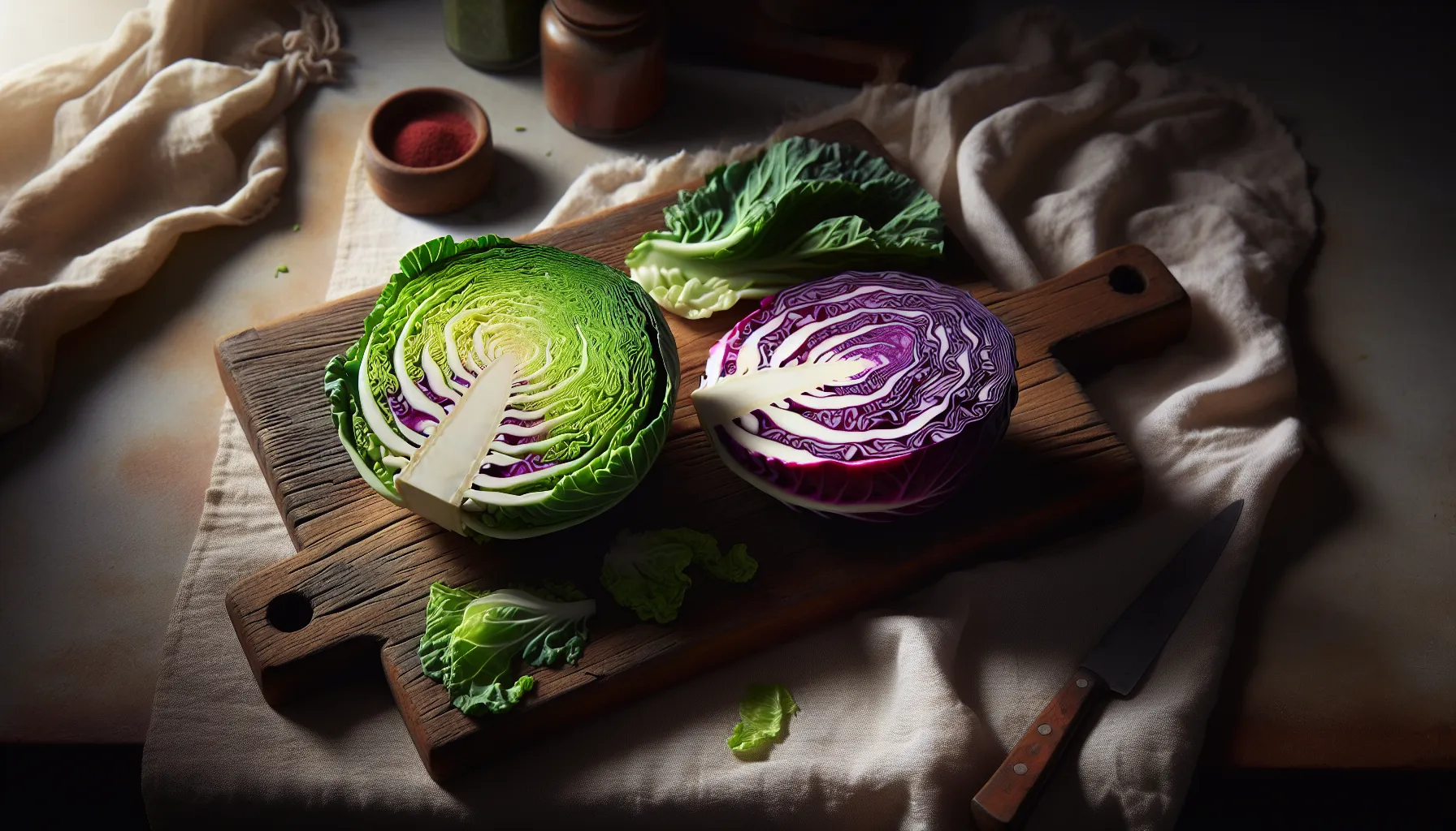 Red and green cabbage halves displayed on a cutting board.
