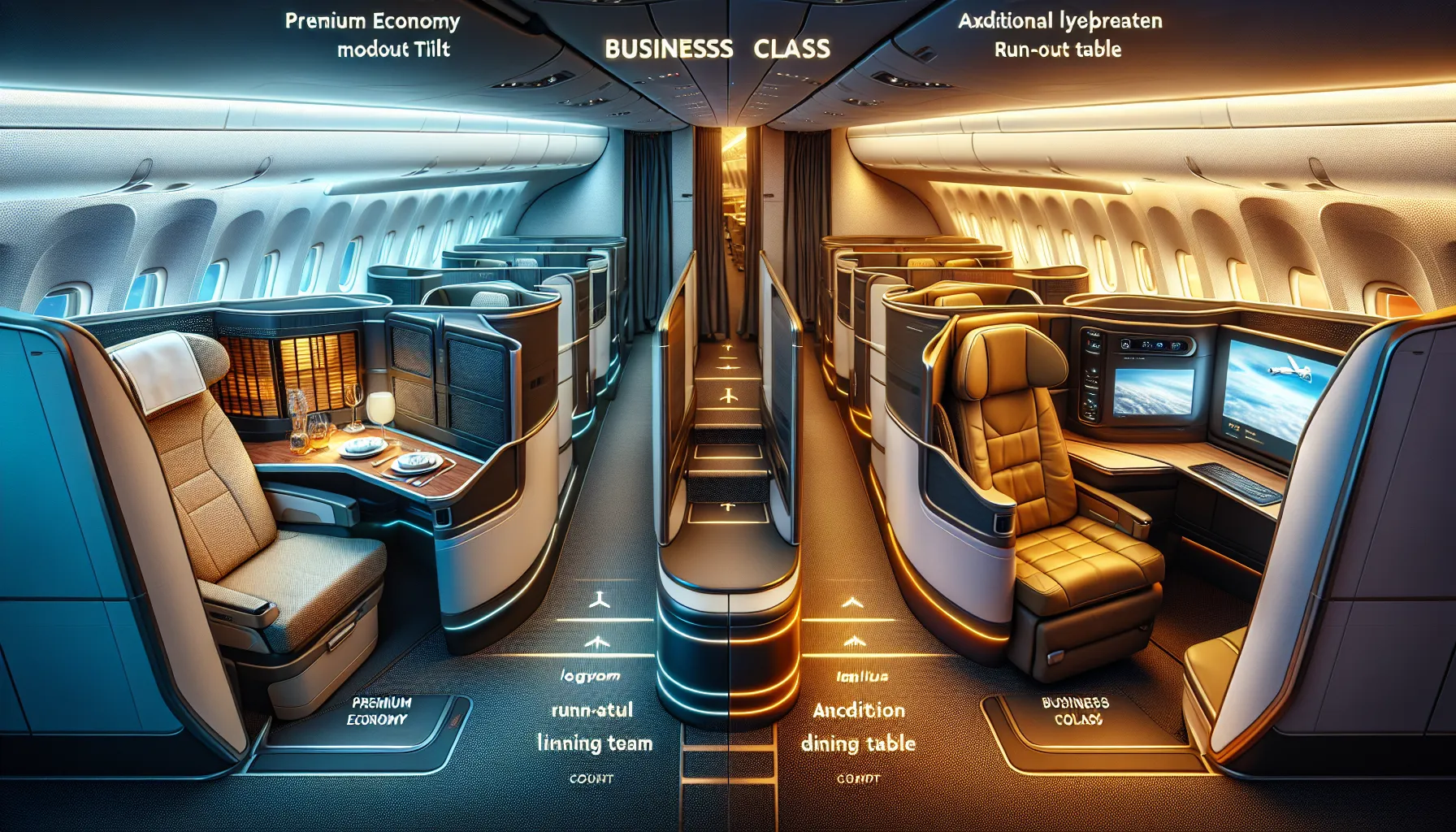 A comparison of Premium Economy and Business class seats on an airplane.