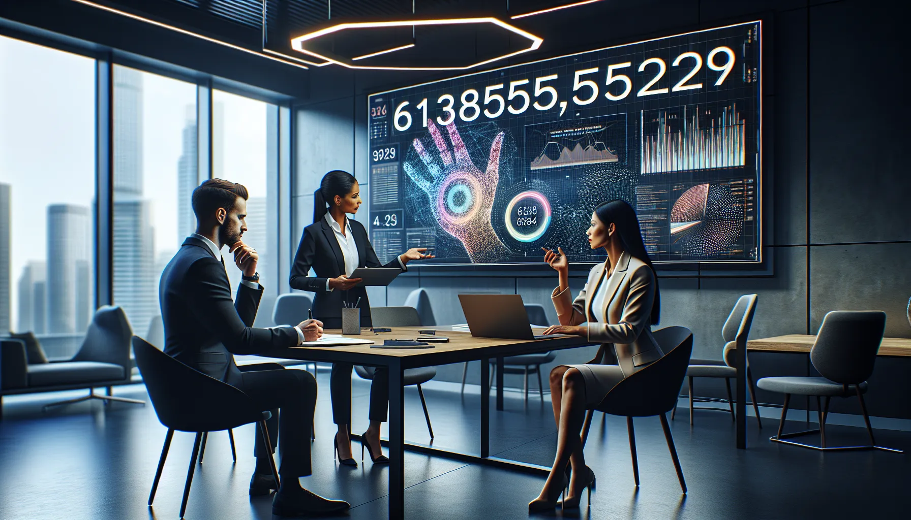 diverse team discussing the significance of 61385955229 in a modern office.