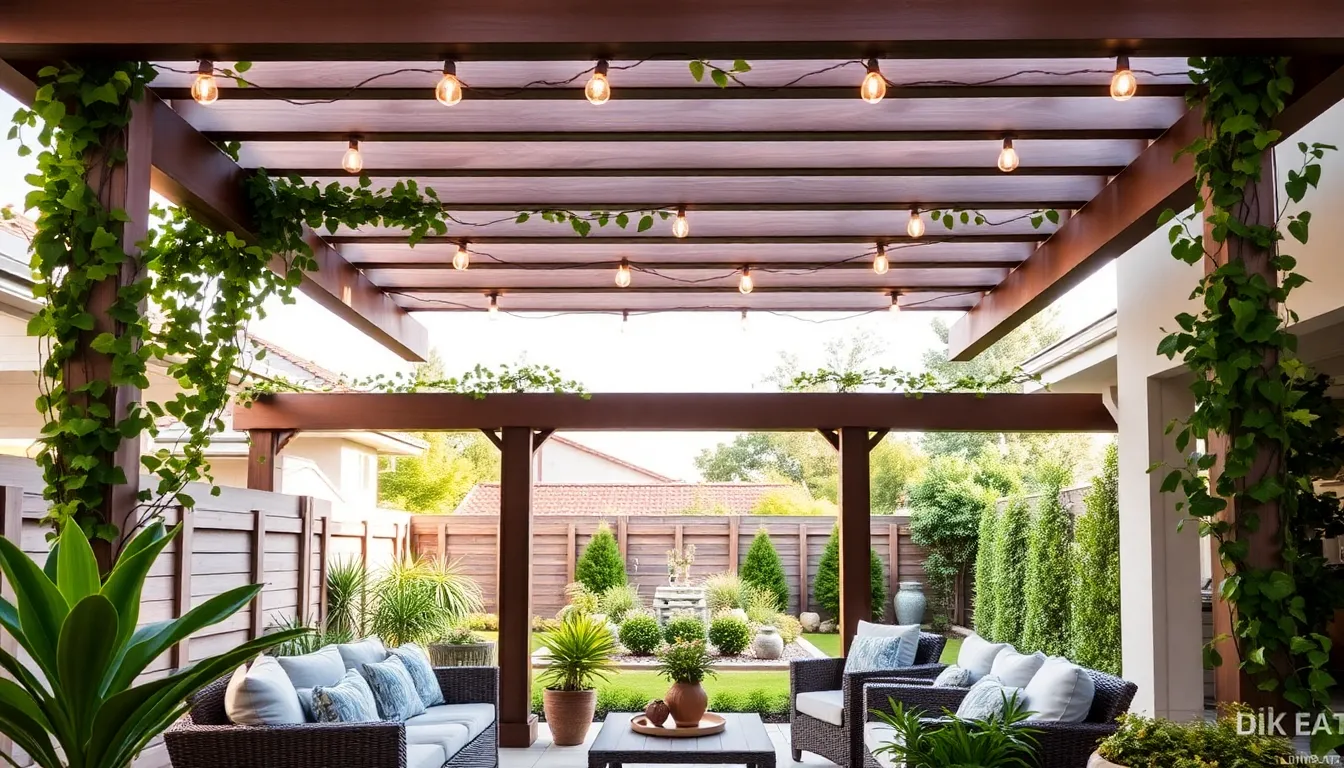 stylish covered outdoor living area with seating and greenery.