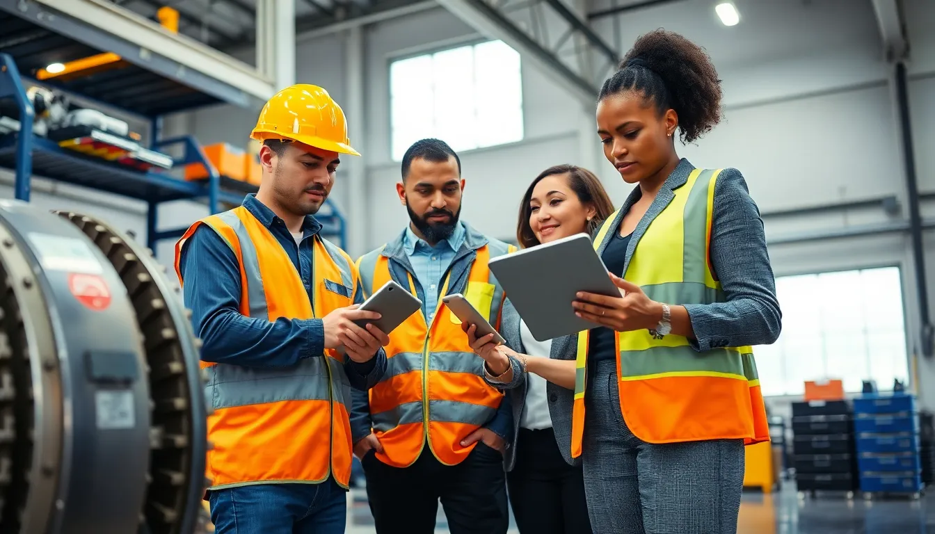 diverse team inspecting machinery in a modern industrial workspace.