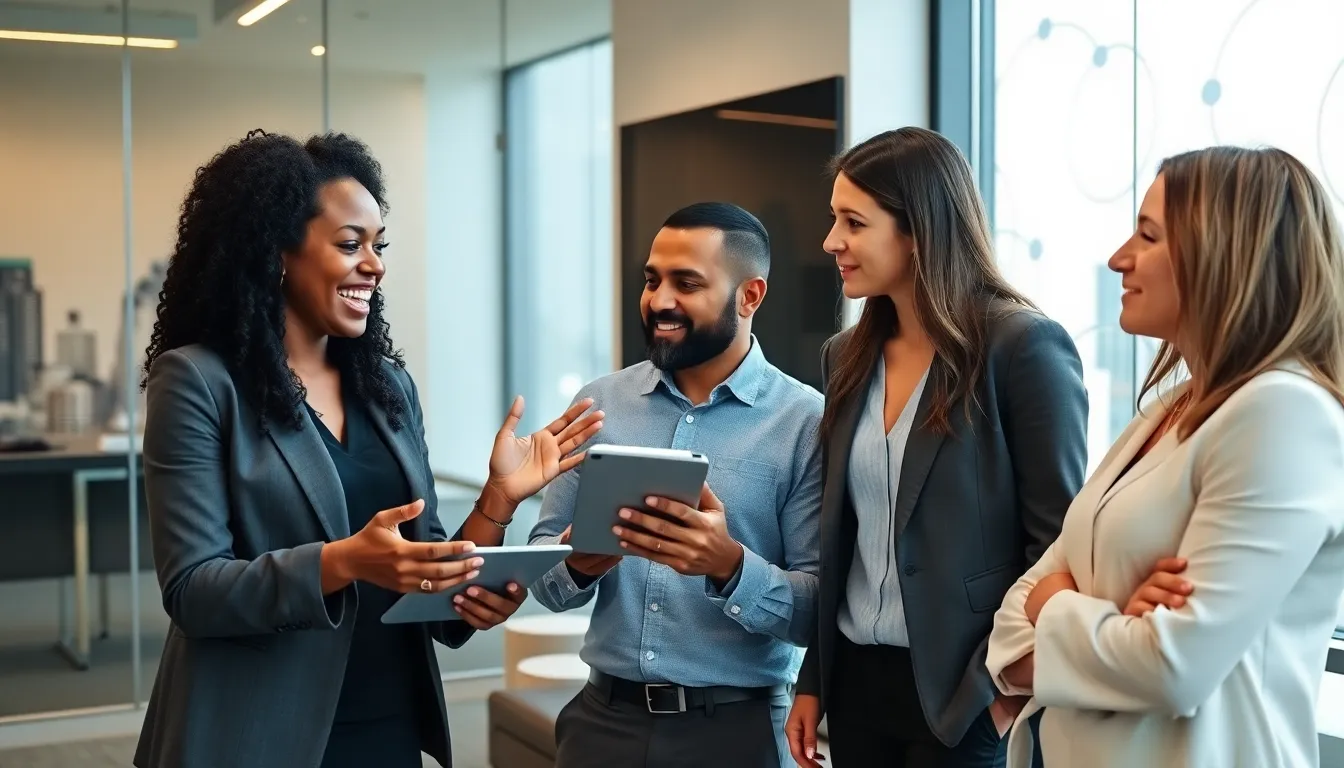 diverse team discussing relationship dynamics in a modern office.