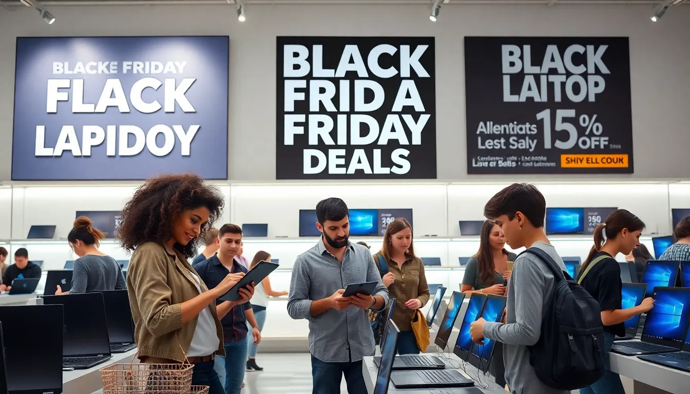 shoppers exploring laptops during a Black Friday sale.