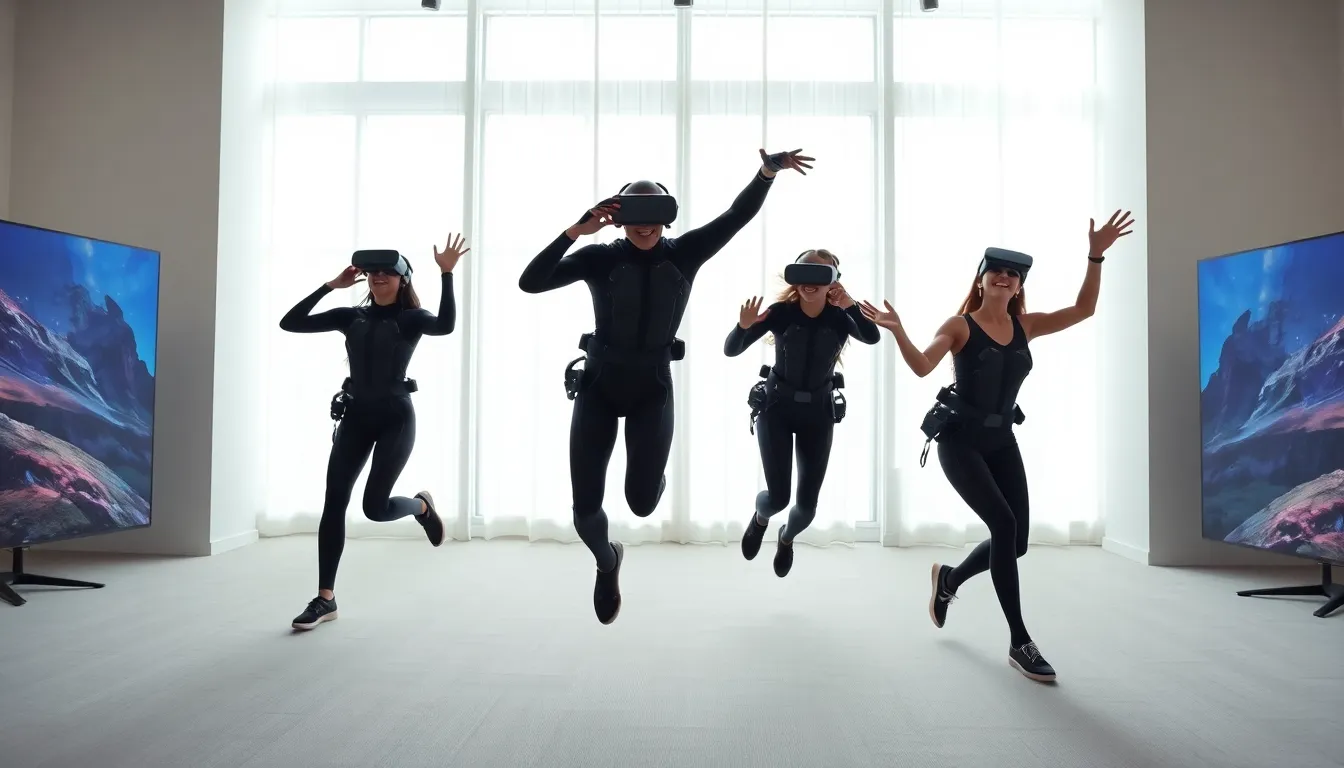 individuals experiencing full body VR tracking in a modern studio.