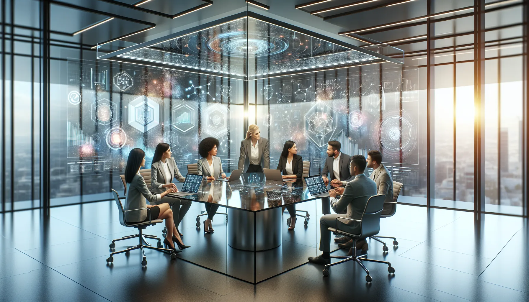 diverse team discussing future technology developments in a modern office.