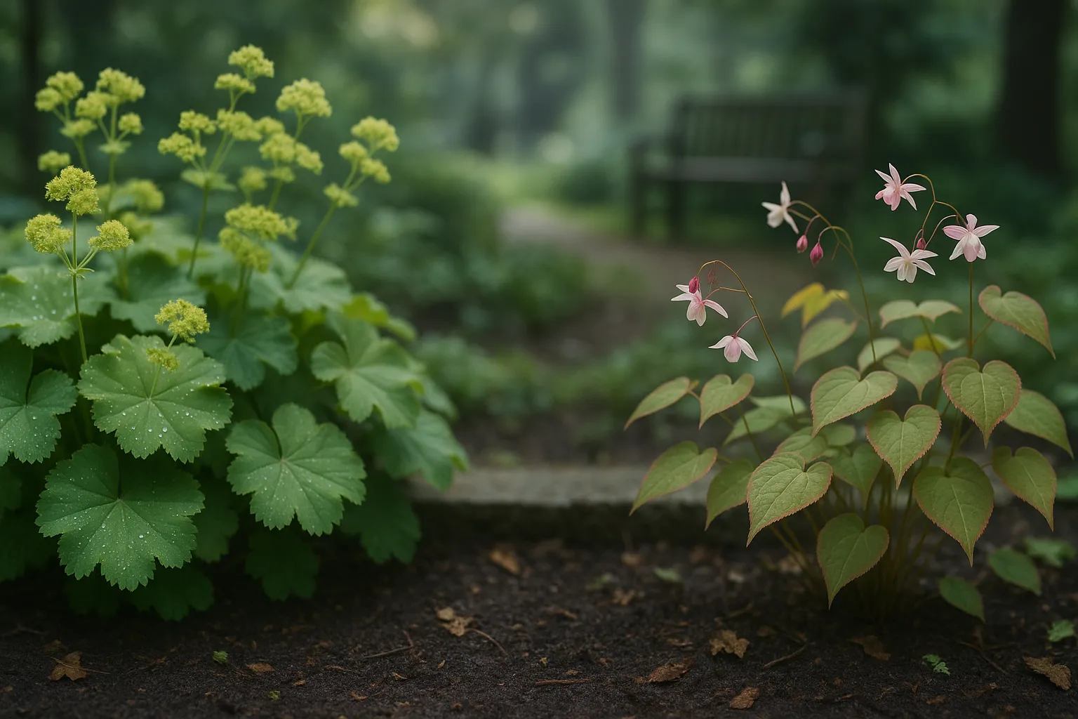 Side-by-side close-up of Alchemilla mollis and Epimedium in dappled shade.
