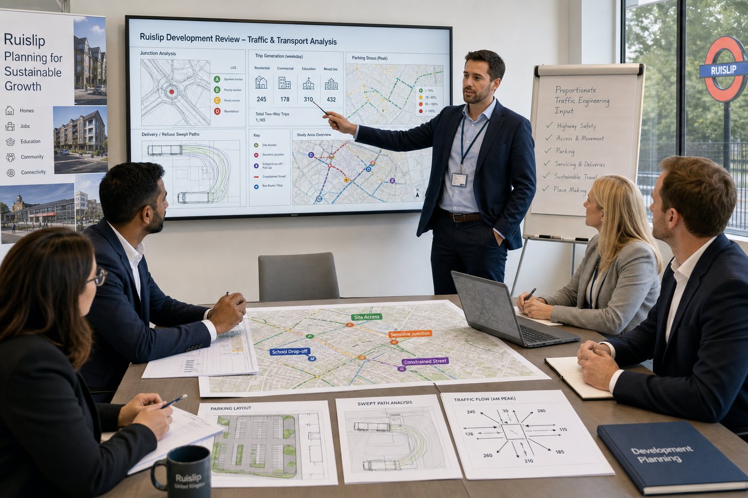 Traffic engineer reviewing development access, parking, and traffic plans in a modern office.