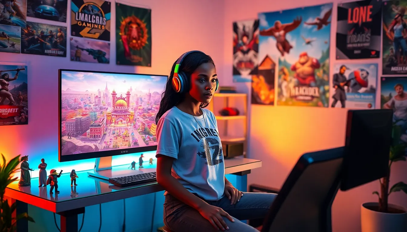 a woman gaming at her desk, immersed in a vibrant digital landscape.