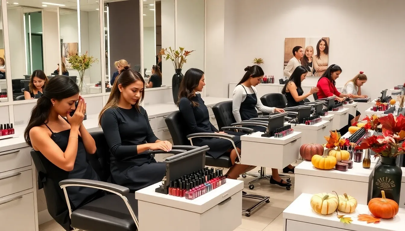 nail technicians showcasing fall 2025 color trends in a modern salon.