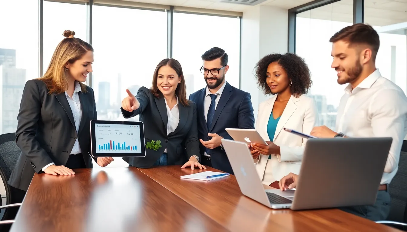 diverse team discussing wealth building accounts in a modern office.