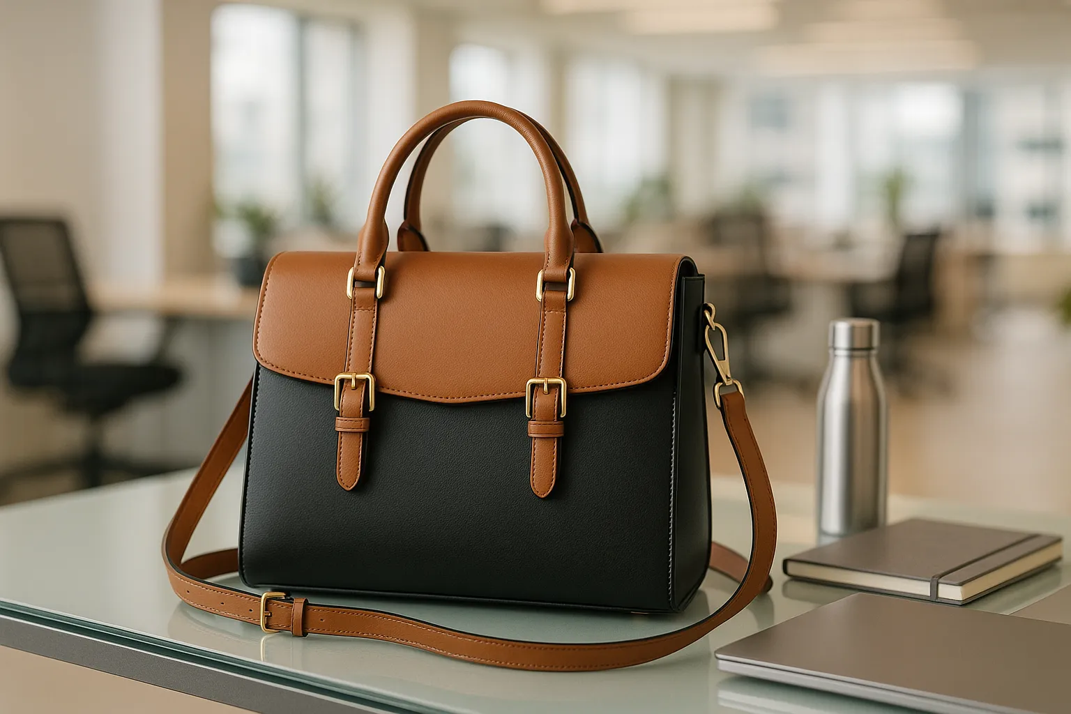 Structured leather satchel on a modern office desk with work essentials.