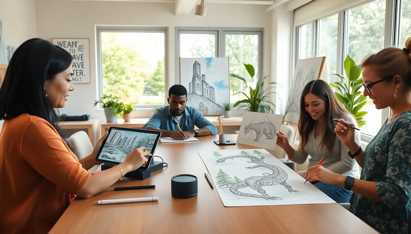 diverse artists drawing in a bright studio environment.