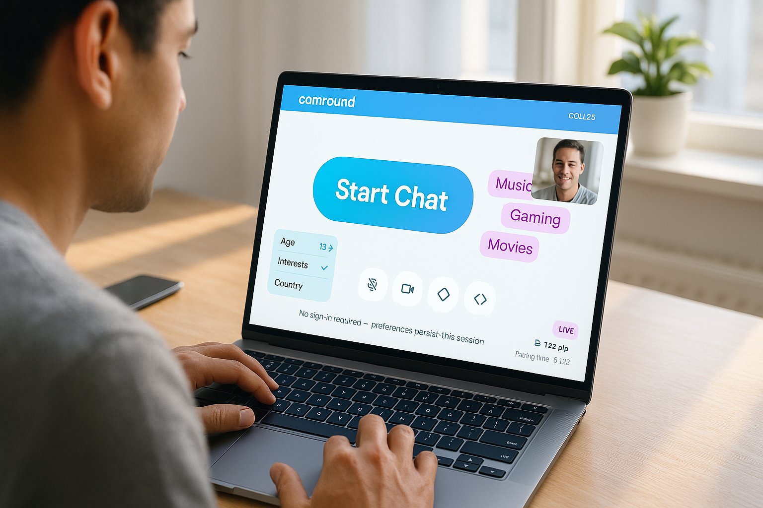 User at laptop with camround Start Chat button and minimalist video chat UI.