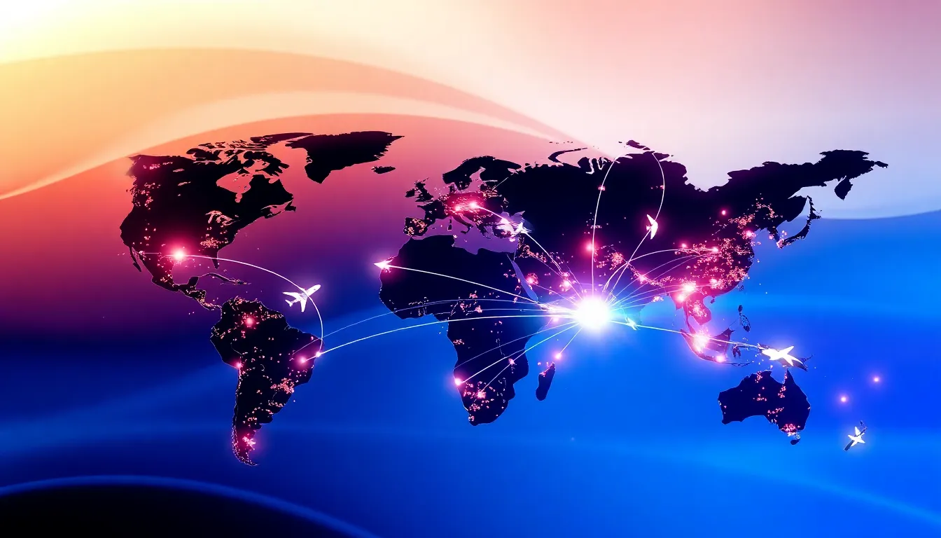 illustration of a global airline network map highlighting U.S. destinations.