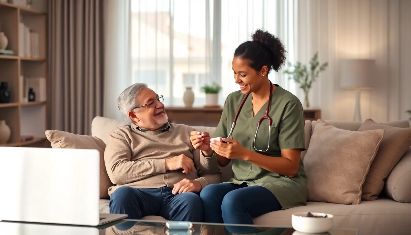 caregiver assisting an elderly man in a cozy living room.
