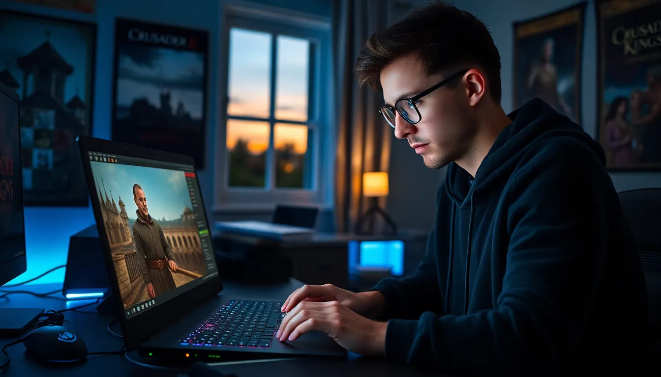 a focused gamer using CK2Generator on a laptop in a dimly lit room.
