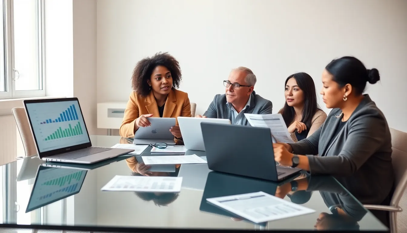 diverse team discussing personal finance in a modern office.