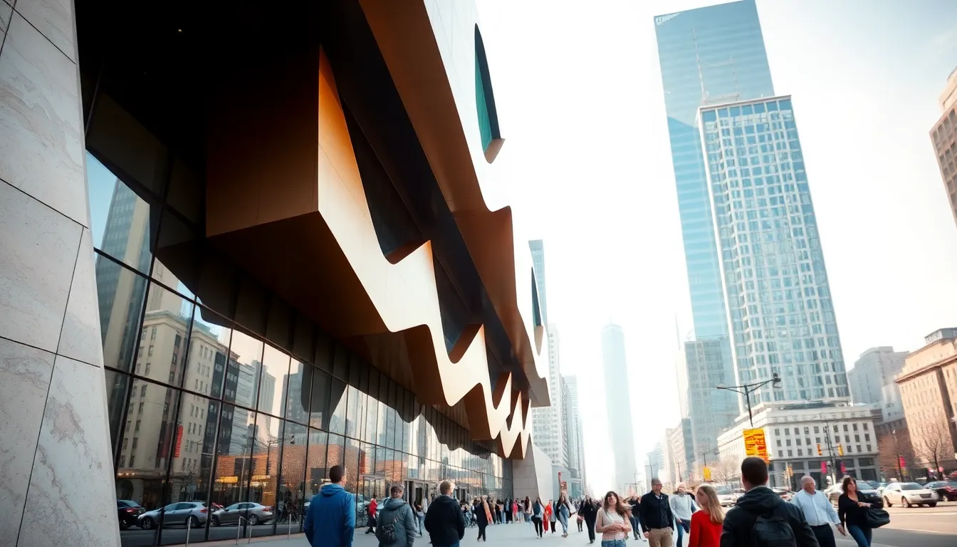 a striking abstract architecture building in an urban setting.