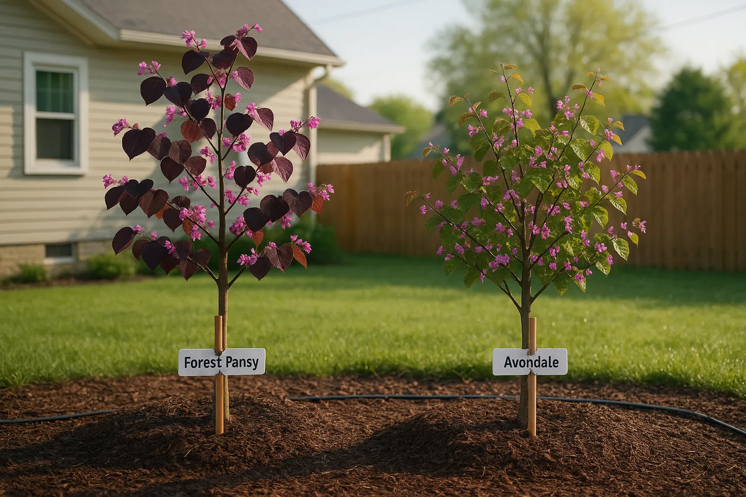 Two redbud trees side-by-side: purple 'Forest Pansy' and greener 'Avondale'.
