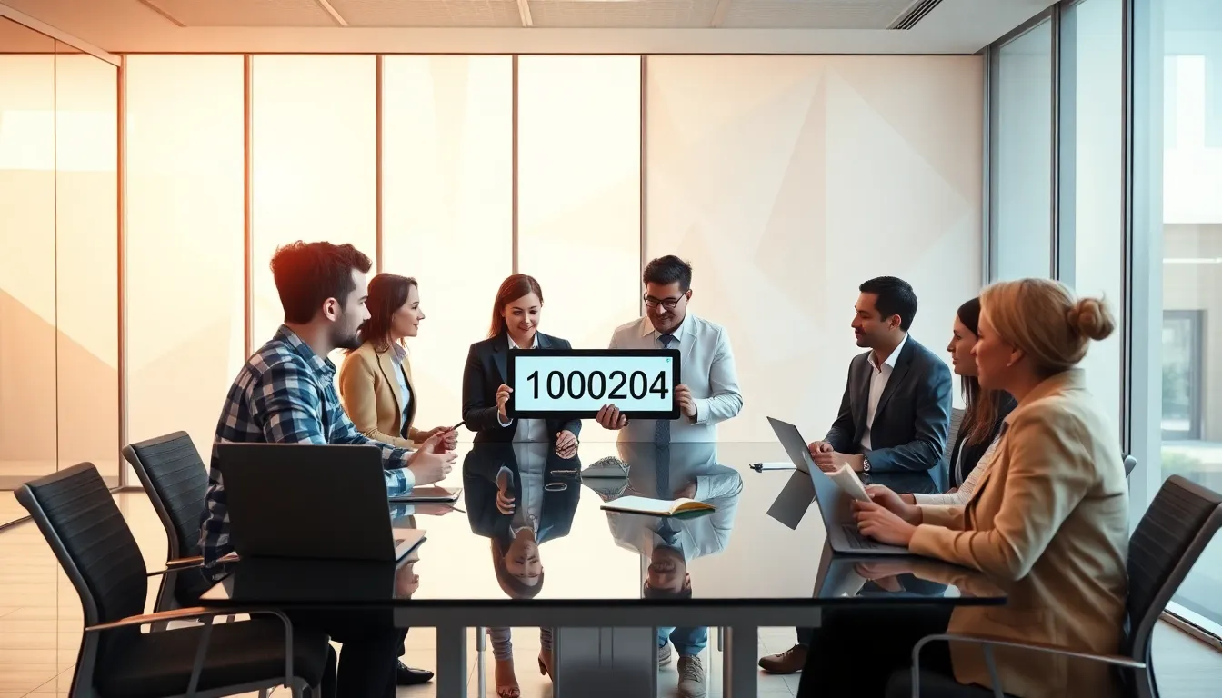 team discussing product model numbers in a modern office.