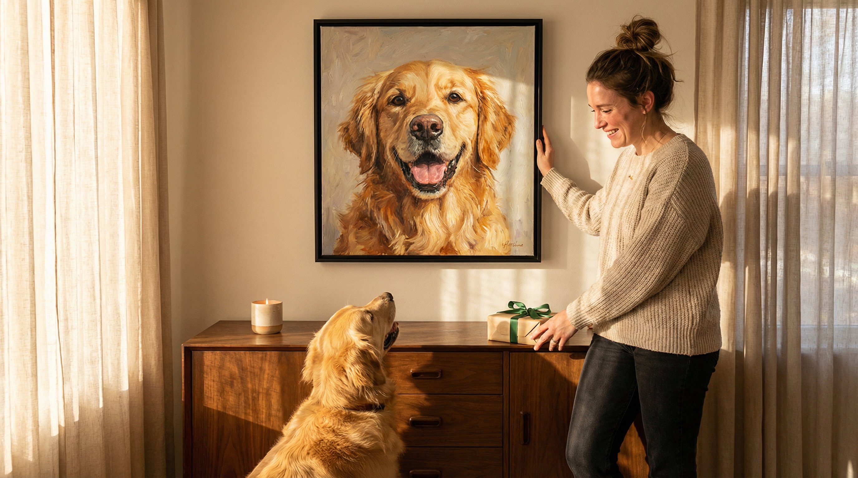 Woman admiring a custom golden retriever portrait hanging in her living room.