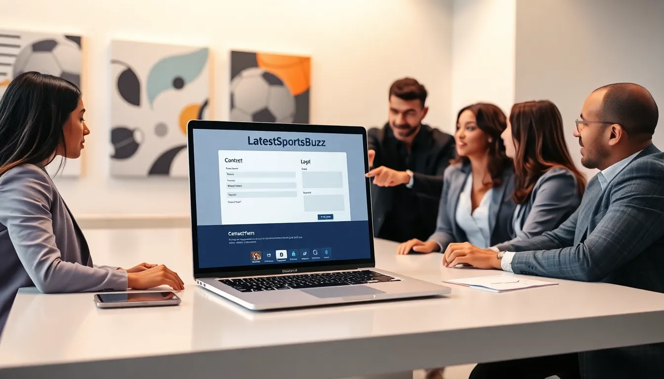 professionals discussing the LatestSportsBuzz contact form in a modern office.
