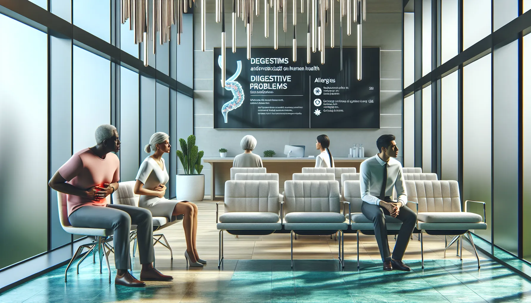 diverse group of patients in a modern waiting room showing signs of discomfort.