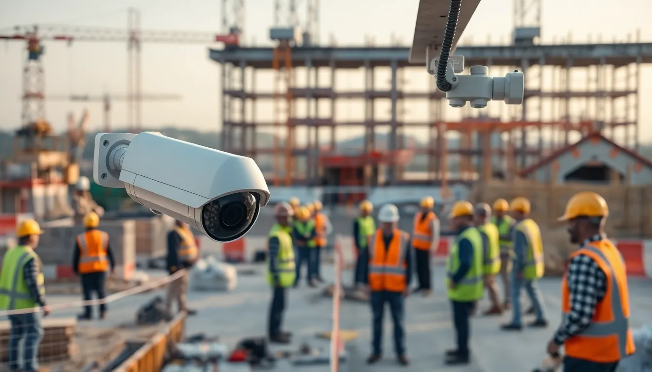 diverse construction workers on a secure job site with surveillance measures.