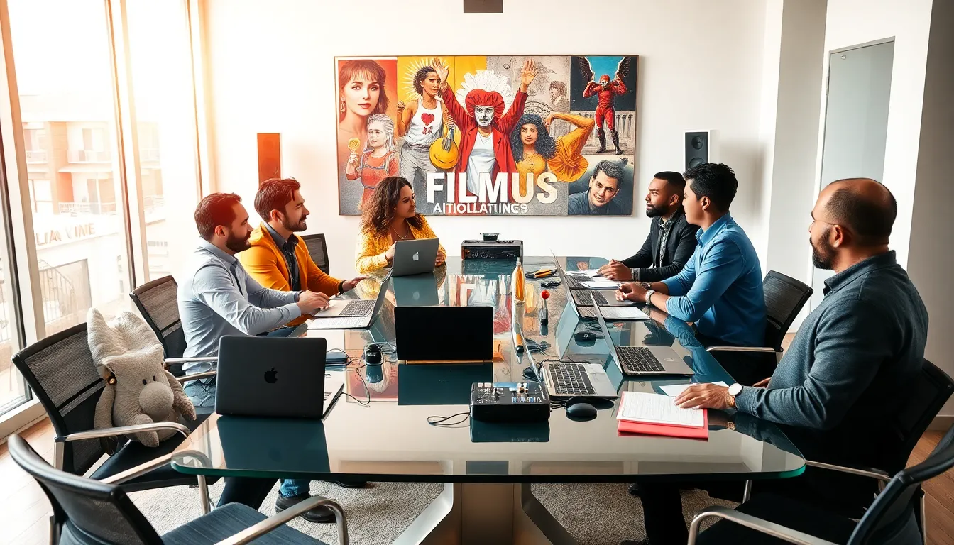 diverse team of music producers collaborating in a bright studio.