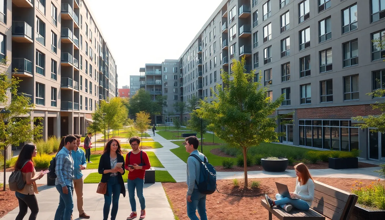 diverse students outside a modern NC State housing complex.