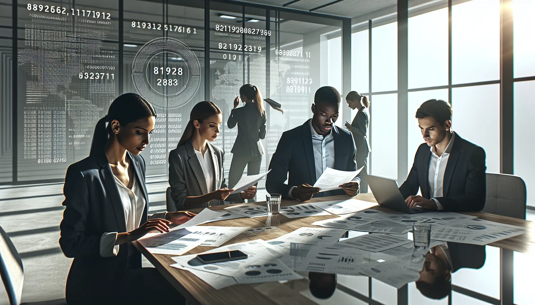 diverse professionals discussing business applications of a number in a modern office.