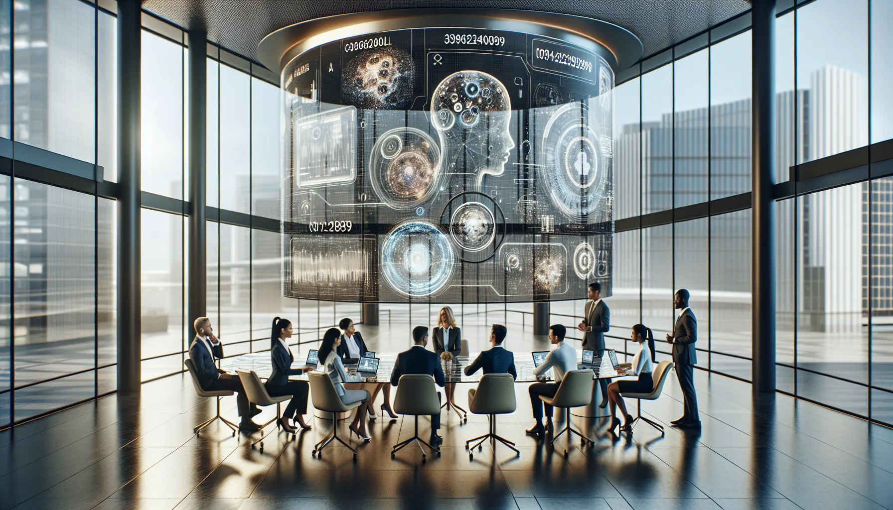 diverse professionals collaborating in a modern office on future data trends.